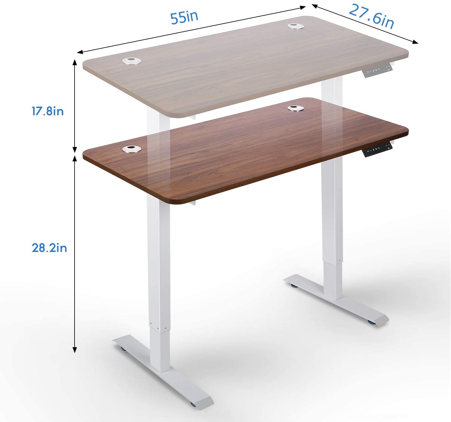 Electric Standing Desk, 55 x 28 Inches Height Adjustable Dual Motor Stand up Desk Workstation, Full Sit Stand Home Office Table, Whole-Piece Desk Board (White Frame/Brown Walnut Top) Electric Standing Desk, 55 x 28 Inches Height Adjustable Dual Motor Stand up Desk Workstation, Full Sit Stand Home Office Table, Whole-Piece Desk Board (White Frame/Brown Walnut Top)